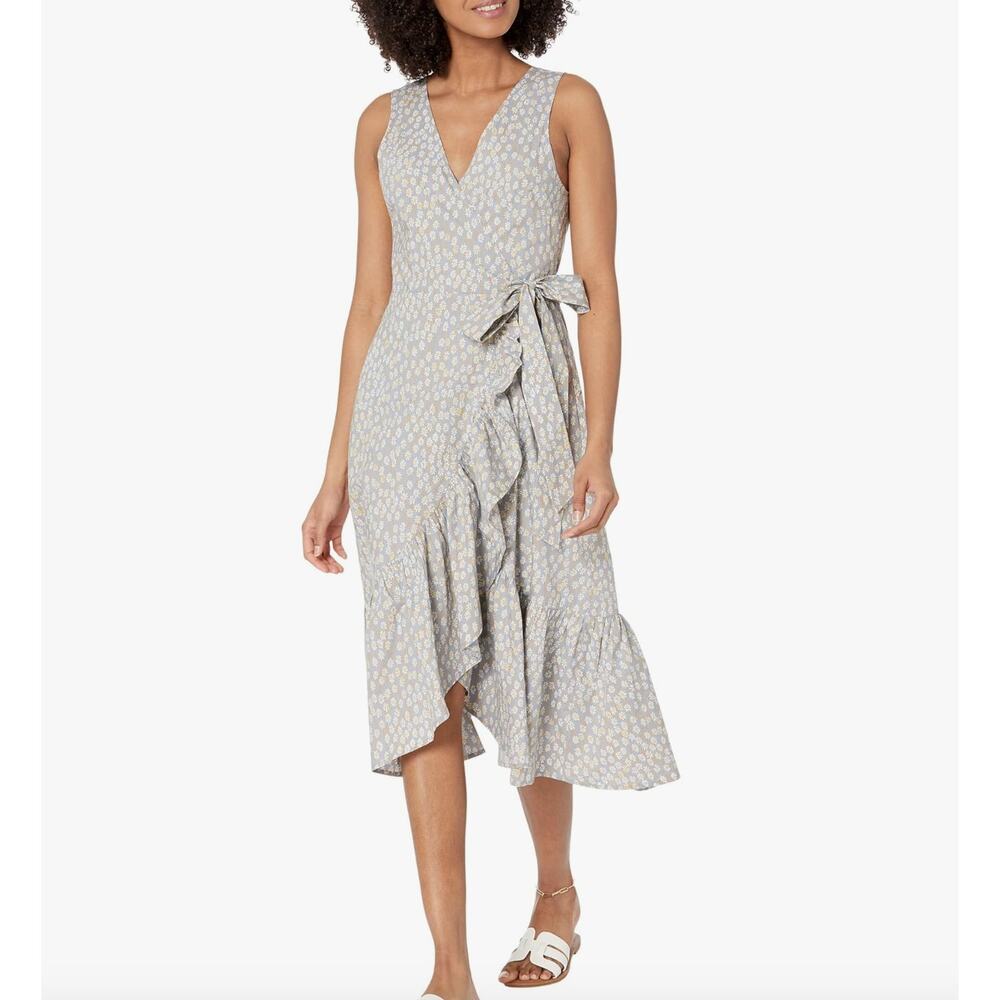 Madewell Chambray Floral Daisy Jordan Cascading Ruffle Wrap Midi Dress Size XXS